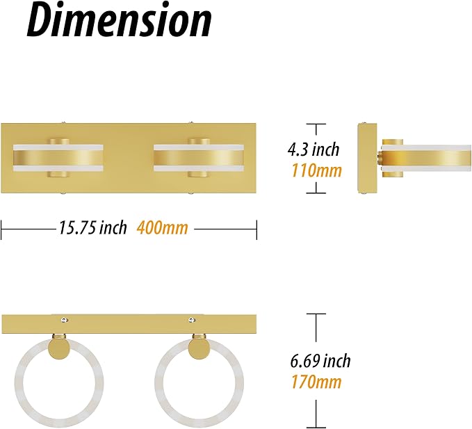 LED Bathroom Light Fixtures,15inch Gold Vanity Lights, Modern 2 Light Acrylic Wall Sconces, 350° Rotatable Wall Lighting Fixture Over Mirror