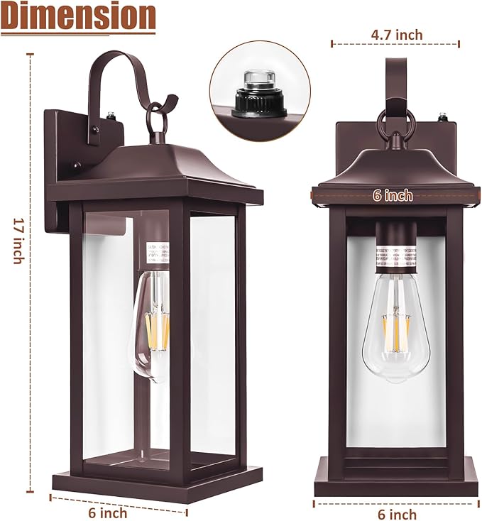 Dusk to Dawn Outdoor Wall Sconces Bronze 2-Pack 17 Inch Large, IP65 Waterproof Exterior Light Fixtures Porch Lights Brown with Clear Tempered Glass E26 Outdoor Light Fixture Anti-Rust