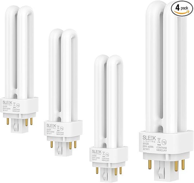 SLEEKLIGHTING 26 Watt T4 Double Tube CFL 4 pin G24q-3 Base Light Bulb 4200K 1500lm -UL Listed,Compact Fluorescent -Cool White Light 4pack