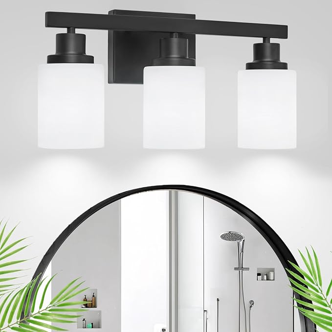 3-Light Bathroom Light Fixtures Over Mirror, Modern Matte Black Vanity Lights with White Frosted Glass Shade, Bathroom Wall Lamp Sconces for Mirror Bedroom, Living Room Hallway