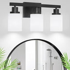 3-Light Bathroom Light Fixtures Over Mirror, Modern Matte Black Vanity Lights with White Frosted Glass Shade, Bathroom Wall Lamp Sconces for Mirror Bedroom, Living Room Hallway