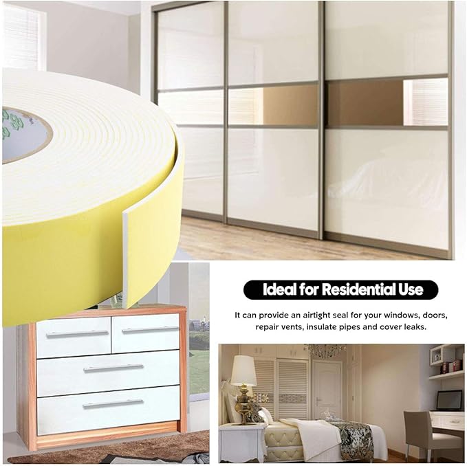 Foam Insulation Tape, Weather Stripping for Sliding Doors, Seal, HVAC, Windows, Pipes, Air Conditioning, Plumbing, High Density Foam Seal Tape (White, 33Ft x 1/8” x 1”)