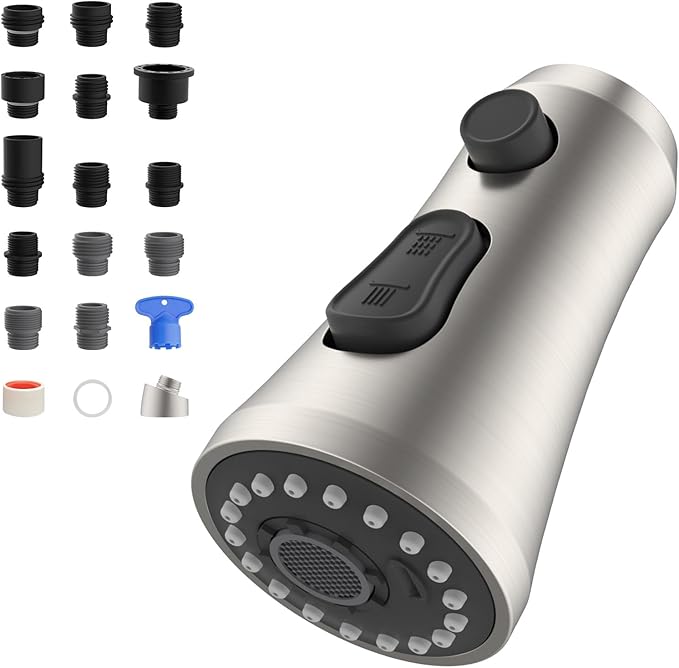 Hibbent Pull Down Spray Head for Kitchen Faucet, 3-Function Spray Nozzle with 15 Adapters, Straight Sink Faucet Head Replacement Compatible with Moen, Delta, Kohler, American Standard, Brushed Nickel