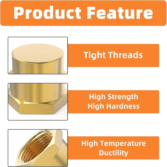 GASHER 1/8" 1/4" 3/8" 1/2" 3/4" NPT Brass Pipe Cap, NPT Female Thread Socket Pipe End Cap Plugs Fitting 10PCS
