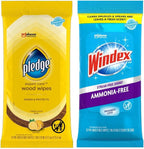Pledge Expert Care Wood Wipes & Windex Ammonia-Free Glass Cleaning Wipes Bundle, 24ct Lemon Scent Wood Wipes & 25ct Ammonia-Free Glass Wipes for Surface Cleaning