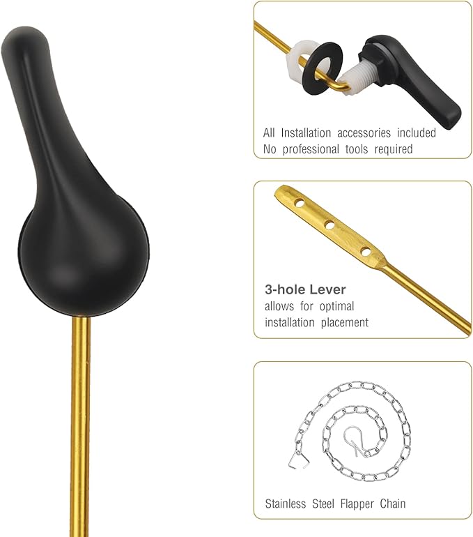 Toilet Handle Replacement Kit, 2-Pack Toilet Lever Flush Handle, Toilet Flusher Handle Lever with Stainless Steel Flapper Chain, Front Mount Toilet Trip Levers Fit for Most Toilet Tanks, Matte Black