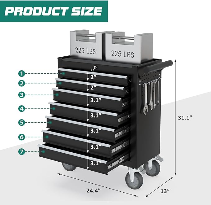 7-Drawer Rolling Tool Chest with Wheels, Tool Box with Locking System and Sliding Drawers, Heavy Duty Tool Box Organizer for Garage, Warehouse, Workshop (Black)