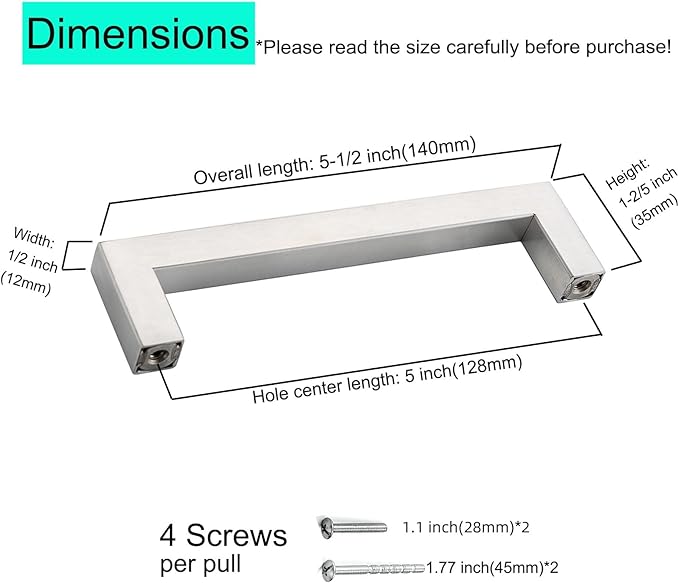 30 Pack 5 Inch (Center to Center 5in) Brushed Nickel Cabinet Pulls Square Drawer Handles Sliver Cupboard Handles Modern SUS 304 Stainless Steel Kitchen Cabinet Handles