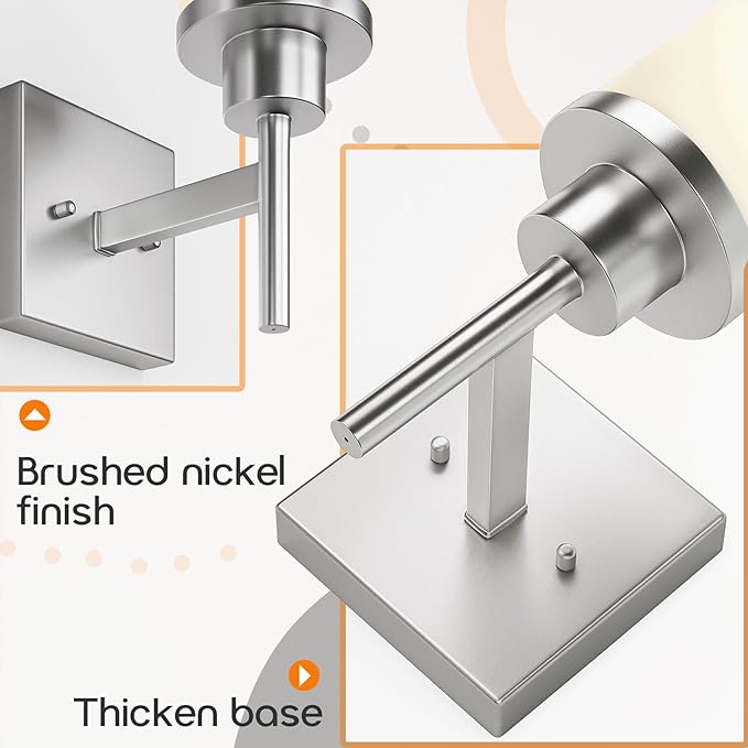 Bathroom Light Fixtures Brushed Nickel Vanity Lights with White Frosted Glass Shade, Wall Lamp for Mirror Kitchen Bedroom Porch, 2 Pack T001BR-L1-P2
