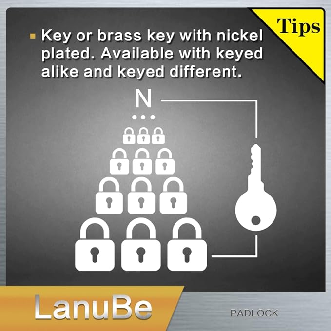 LanuBe Lock Laminated Steel Keyed Padlock,Keyed Alike Locks, Long Shackle Padlock,Pack of 12