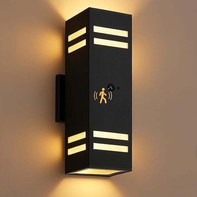 Motion Sensor Outdoor Wall Lights, Dusk to Dawn Porch & Patio Sconce with E26 Dimmable LED Bulbs, Black Aluminum Up & Down Exterior Lights for Garage, Garden, Front Door, ETL Listed