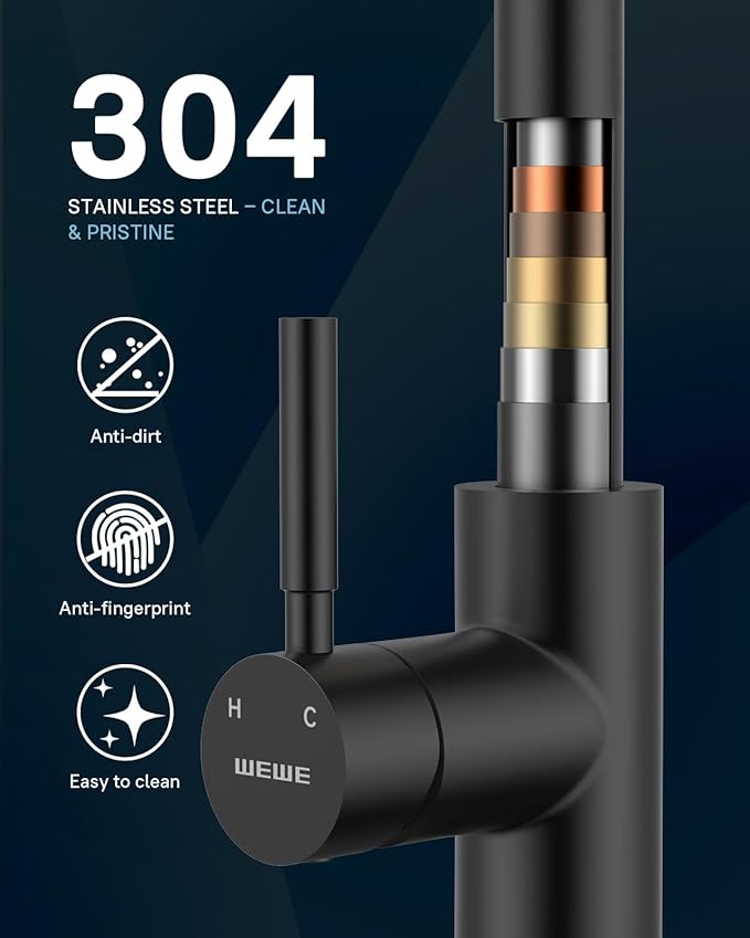 WEWE Kitchen Faucets with Pull Down Sprayer, Stainless Steel Single Handle 1 Hole for Family Kitchen Commercial Camper Laundry Rv Bar, Matte Black