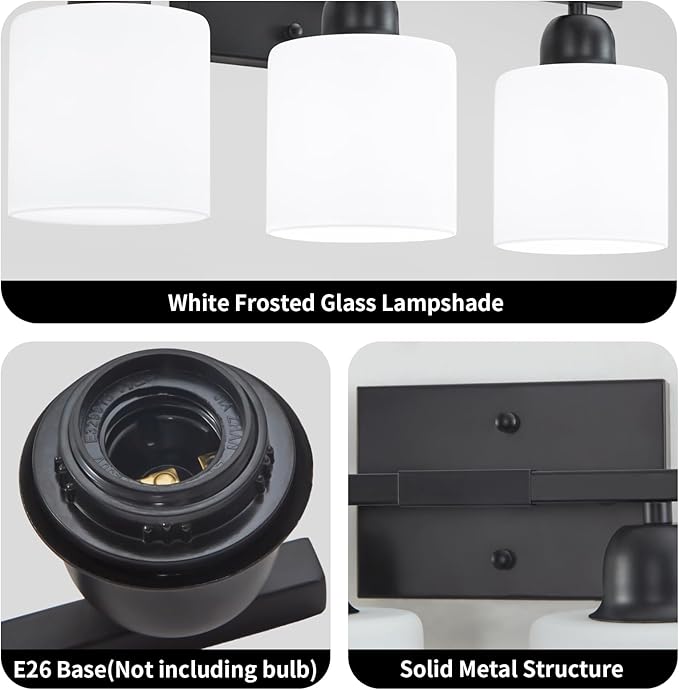 3-Light Bathroom Light Fixtures, Black Bathroom Vanity Lights with Milky White Frosted Glass Shades, Black Vanity Light for Bathroom Mirror, Bedroom, Living Room, Vanity Table, E26 Base