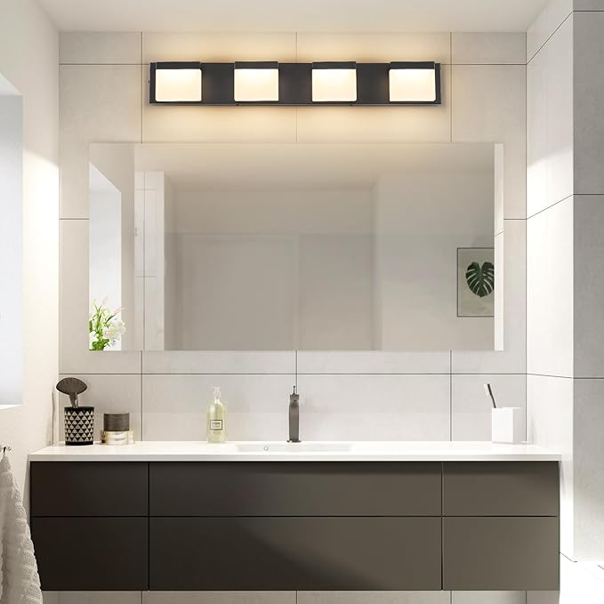 SineRise LED Modern Bathroom Vanity Light Fixtures (4-Light, 30-Inch, 5CCT), Matte Black Modern Acrylic Bathroom Wall Lighting Fixtures Over Mirror (3000K/3500K/4000K/5000K/6000K)