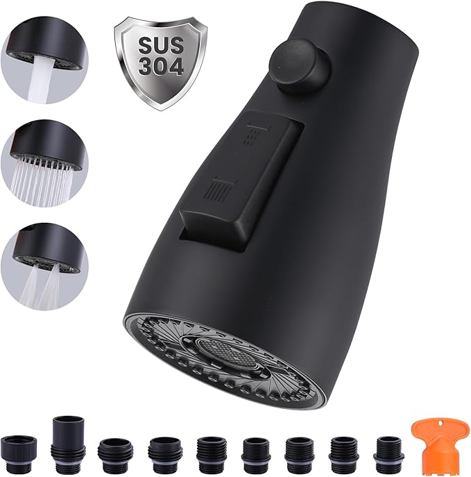 Metal Kitchen Faucet Head Replacement: 3-Function Pull Down Spray Nozzle with 9 Adapters, Sink Sprayer Replacement Compatible with Moen, Delta, American Standard Faucets, Matte Black