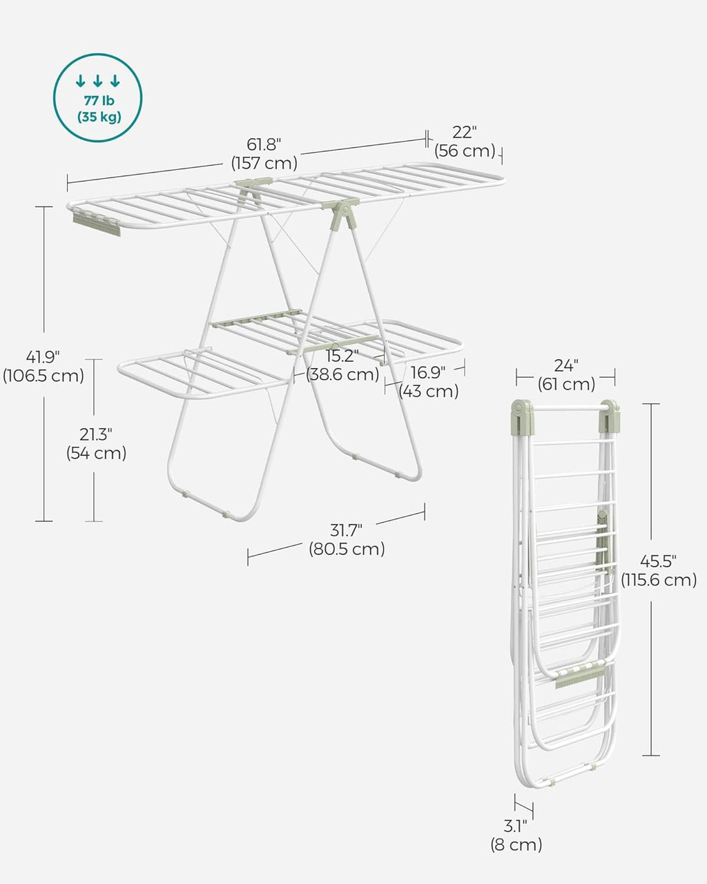 SONGMICS Clothes Drying Rack, Foldable 2-Level Laundry Drying Rack, Free-Standing Laundry Airer, with Height-Adjustable Wings, 33 Drying Rails, Sock Clips, White and Green ULLR053C01V1