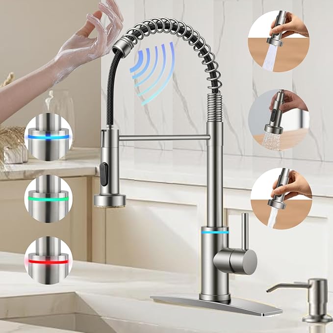 Smart Kitchen Faucet, 3 Modes Pull Down Sprayer, Touch On Sensor Activated, LED Temperature Control, 360-Degree Rotation, 1 or 3 Hole Deck Plate. 10-Year Warranty. (KW-66SN, Brushed Nickel)