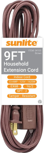 Sunlite 04105-SU EX9/BR 9 Foot Household Extension Cord, 2 Prong, 16/2 Gauge 13 Amp, Brown 9'