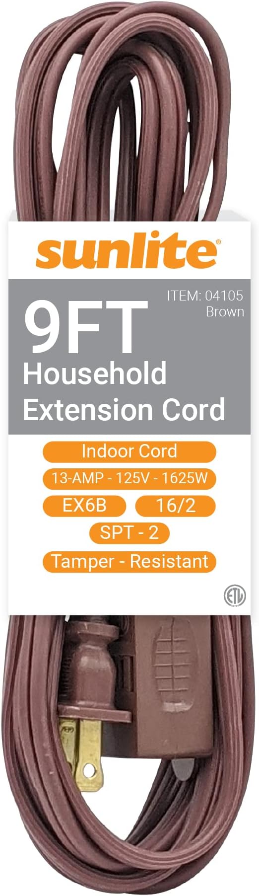Sunlite 04105-SU EX9/BR 9 Foot Household Extension Cord, 2 Prong, 16/2 Gauge 13 Amp, Brown 9'