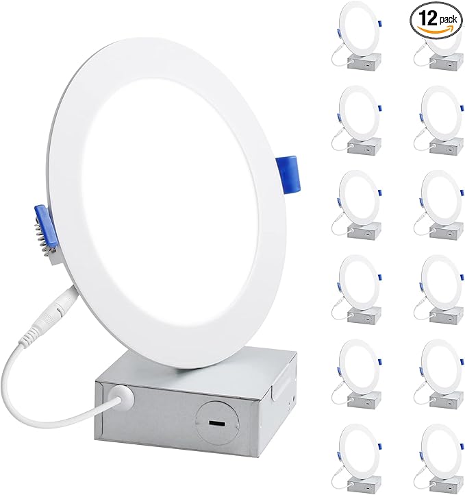 Lepro 12 Pack 6 Inch Canless LED Recessed Light,Dimmable Retrofit Ultra-Thin Ceiling Light with Junction Box,5000 Kelvin Daylight Wafer Lights 12 watt 1050 Lumen, ETL,FCC & Energy Star Certified