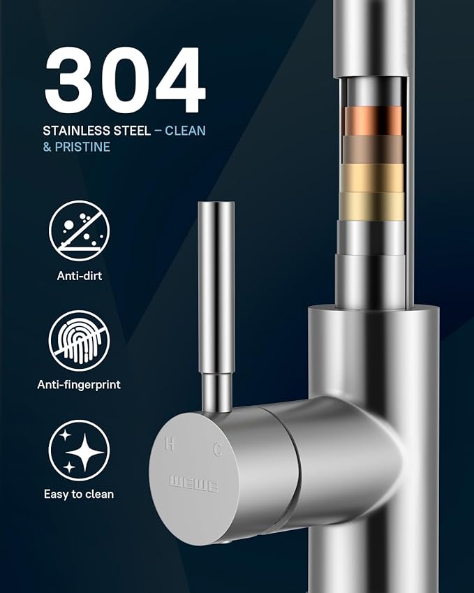 WEWE Kitchen Faucets with Pull Down Sprayer, Stainless Steel Single Handle 1 Hole for Family Kitchen Commercial Camper Laundry Rv Bar, Brushed Nickel