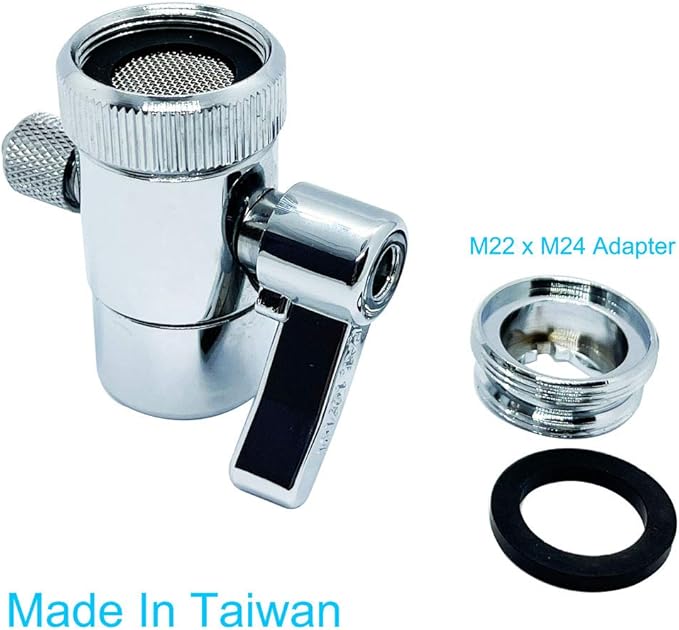 Kitchen Sink Faucet Water Filter Diverter Valve for Push on 1/4 inch Tubing Replacement Part Adapter with M22 X M24 Connector,Brass Body,Chrome Plated Made In Taiwan