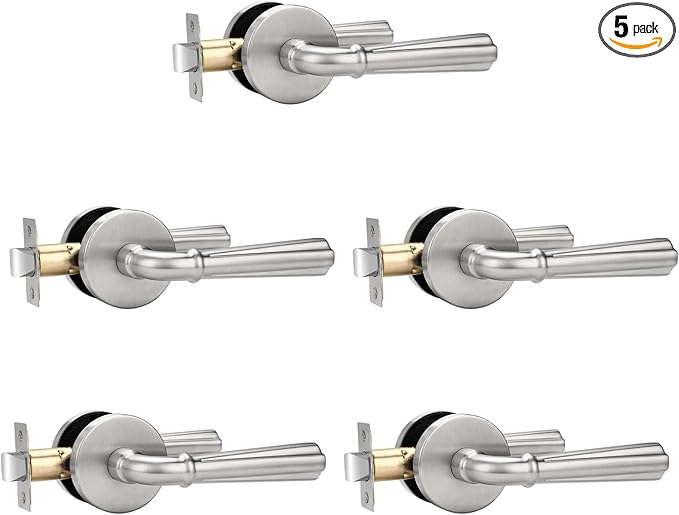 Orger 5 Pack Brushed Nickel Passage Door Lever Keyless Closet Door Handle, Interior Non-Locking Lever Sets Keyless Nickel Finish Door Lock for Right & Left Handed Doors, Stainless Steel
