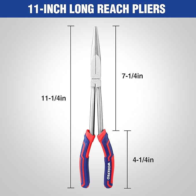 WORKPRO Premium 11” Extra Long Needle Nose Pliers, Paper Clamp Precision, Heavy-Duty CRV Steel, Soft Grip