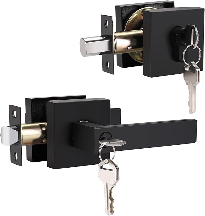 1 Pack Keyed Entry Door Lever and Double Cylinder Deadbolt Set, Keyed Alike Reversible Lockset, Matte Black Square Interior/Exterior Handleset for Bedroom, Front Door