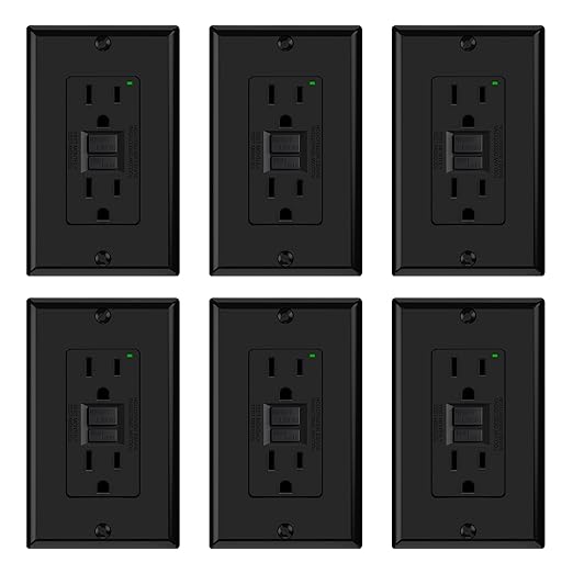 ELEGRP GFCI Outlet 15 Amp, Self-Test GFI Electrical Outlet with Narrow Design, GFCI Receptacle with LED Indicator, UL Listed, Black, Wall Plate Included, 6 Pack
