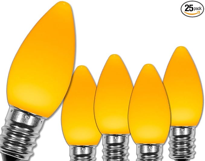 Wintergreen Lighting 25 Pack OptiCore C7 LED Christmas Light Bulbs - Replacement LED Christmas Lights Heavy Duty Premium Outdoor Christmas Lights, E12 Base (Gold Smooth)
