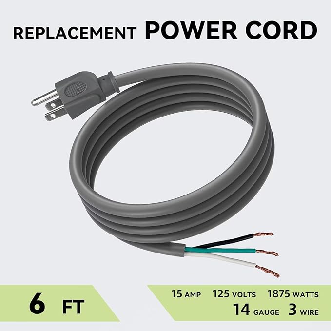 2 Pack 6 ft 14/3C SJTW Appliance and Power Tool Cord, 14 Gauge 3 Prong Heavy Duty Replacement Power Supply Cord Cable, 110V 115V 120V AC Pigtail, 15A, 1875w