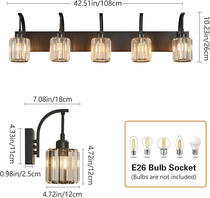 5-Light Crystal Vanity Light, Modern Black Bathroom Wall Sconce with K9 Crystal Shades, 42.51" Long Over Mirror Lighting for Vanity, Makeup, Hallway, Elegant & Easy Installation