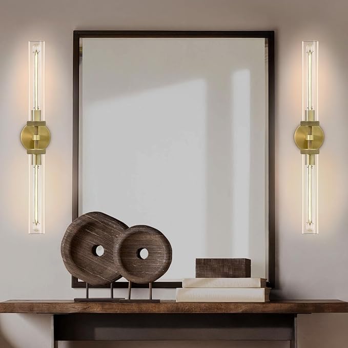 Brass Hardwired Wall Sconces, 30" Bathroom Wall Sconce, Gold Wall Sconce Double Lights , 30" Knurled Linear Wall Light, Sconces Wall Lighting Glass, Vanity Light for Bathroom, Living Room, Bedroom