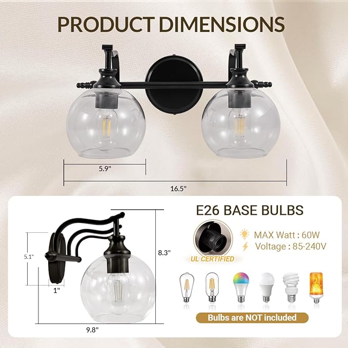 ANDY STAR 2 Light Bathroom Vanity Light, Matte Black Bathroom Light Fixtures, Modern Wall Sconce with Clear Globe Glass Shade, Farmhouse Wall Lamp for Bathroom, Living Room, Hallway, Cabinet, Porch