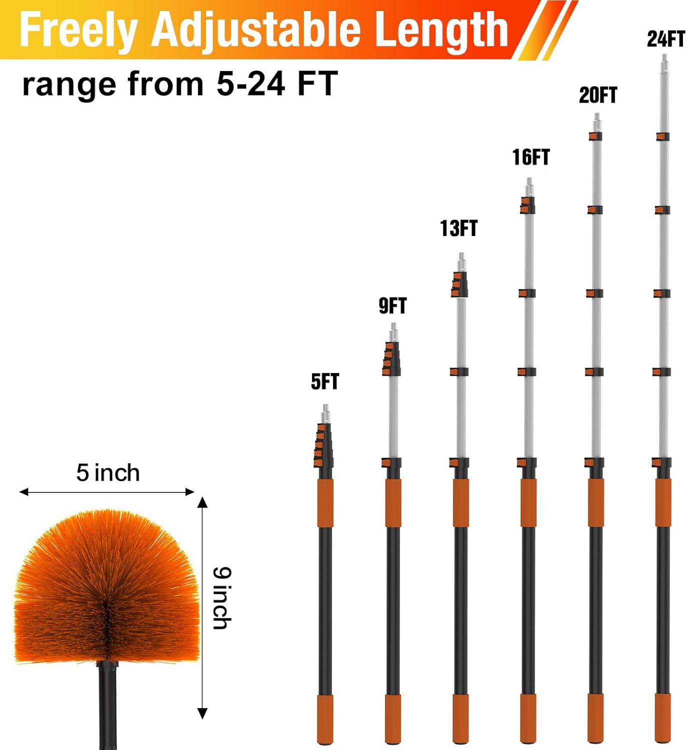 24FT (30FT Reach) Cobweb Duster with Extension Pole, Spider Web Brush for Cleaning Extendable, Professional Ceiling and Corner Dusters for Outdoor Indoor Use