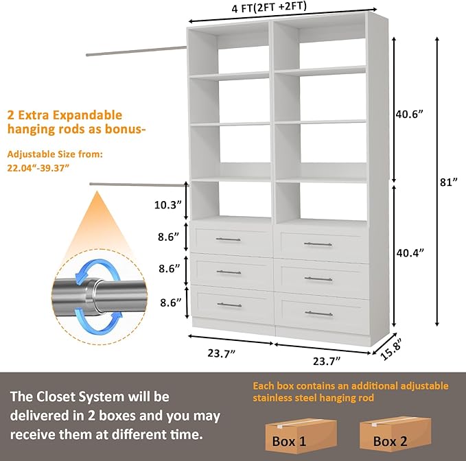 Closet System with Drawers, Wood Closet Organizer System with Adjustable Shelves and Extra Hanging Rod, 81"Tall Closet System for Small Closets, Modular Walk-in Closet System, White (4FT)