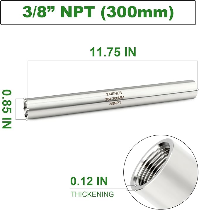 TAISHER 2PCS Stainless Steel Pipe Fittings, 3/8" NPT Female x 3/8" NPT Female Threaded, 12" Length Thickened Nipple Cast Pipe