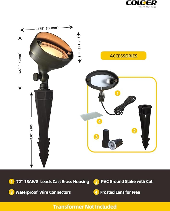 COLOER Die-cast Brass Landscape Wall Wash Lighting,9-17 Volt Low Voltage Flood Lights,Outdoor LED Floodlight Fixture for Illuminating Signs, Walls and Plant Material(501B,6-Pack Without Bulb)