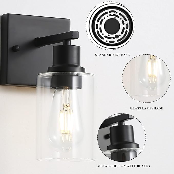 EMONG Single Lights Bathroom Light Fixtures, Matte Black Vanity Light with Glass Shade, Modern Wall Sconces Lighting for Bathroom,Mirror,Farmhouse,Hallway