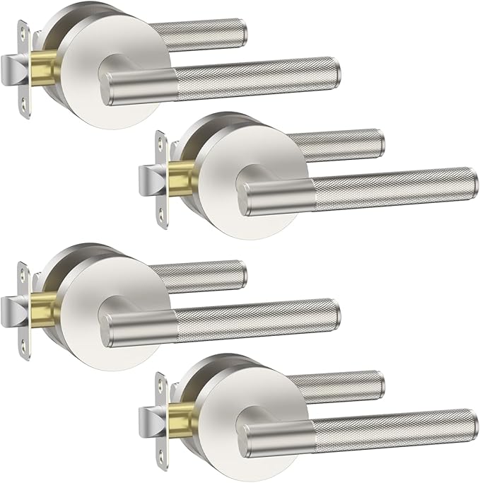 Asidrama 4 Pack Passage Brushed Nickel Door Handles, Door Lever with Door Knobs Indoor for Bedroom or Bathroom, Heavy Duty Door Handles Interior with Locks for Left Right Sided Doors