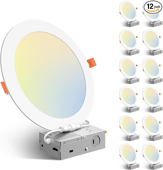Amico 12 Pack 8 Inch 5CCT Ultra-Thin LED Recessed Ceiling Light with Junction Box, 2700K/3000K/3500K/4000K/5000K Selectable, 18W Eqv 125W, Dimmable Canless Wafer Downlight, 1600LM High Brightness -ETL