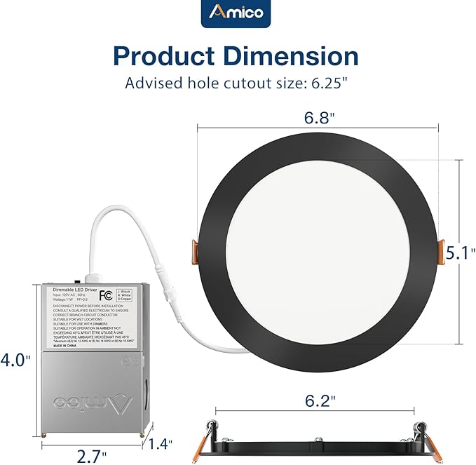 Amico 12 Pack 6 Inch 5CCT Ultra-Thin LED Recessed Ceiling Light with J-Box, 2700K/3000K/3500K/4000K/5000K Selectable, 12W Eqv 110W, Dimmable Canless Downlight, 1050LM High Brightness, Black - ETL