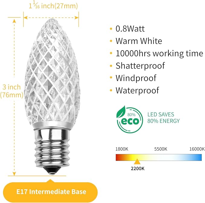 Meconard C9 Led Replacement Christmas Light Bulbs, C9 Shatterproof Led Bulbs for Christmas Indoor Outdoor String Lights,E17 Intermediate Base, Commercial Grade Holiday Bulbs, Warm White, 25Pack