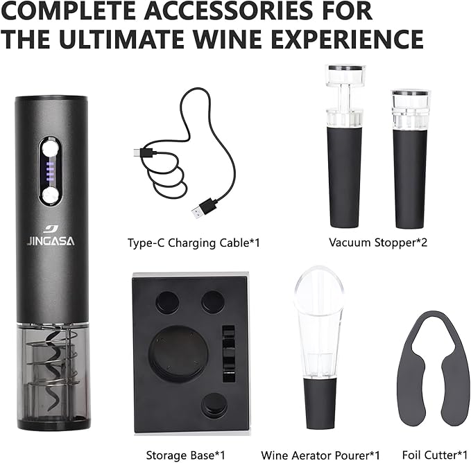 Electric Wine Opener Set – Rechargeable Wine Bottle Opener Kit with Foil Cutter, Vacuum Stoppers, and Wine Pourer – Best Wine Gift Set, Fancy Wine Opener for Wine Lovers and Parties