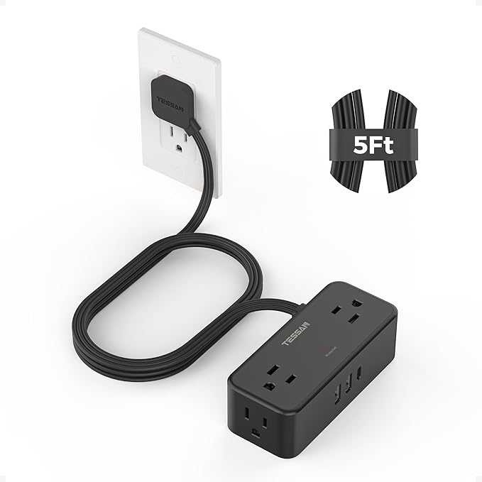 TESSAN Black Extension Cord 5 Ft, Flat Surge Protector Power Strip with 4 Wide Spaced AC Outlets 3 USB Ports (1 USB C), Ultra Thin Flat Plug with 900J Surge Protection, Office Dorm Room Essentials