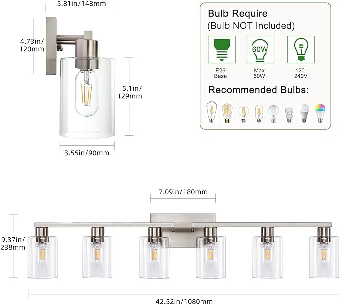 6-Light Bathroom Light Fixtures, Vanity with Clear Glass, Brushed Nickel Lighting Fixtures Over Mirror, 42inch Large Lights for Bathroom
