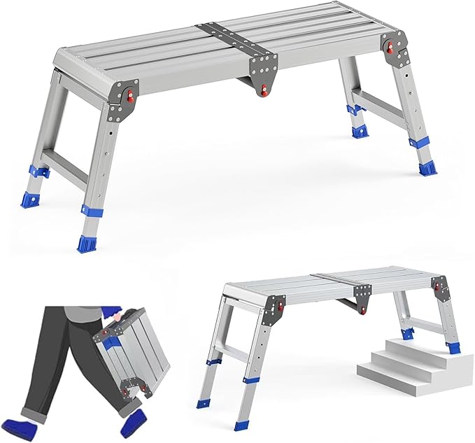 Folding Work Platform for Adults, Aluminum Foldable Step Stool Adjustable Height, Lightweight and Durable Portable Outdoor Aluminum Step Ladder, Maximum Load Capacity of 500 Pounds.