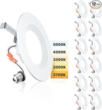 Ensenior 5/6 Inch 5CCT LED Can Lights 12 Pack, Retrofit Led Recessed Lighting, Baffle Trim, Dimmable, 9W=110W, 1000LM, 2700K/3000K/3500K/4000K/5000K Selectable, IC Rated - ETL & FCC