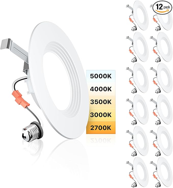 Ensenior 5/6 Inch 5CCT LED Can Lights 12 Pack, Retrofit Led Recessed Lighting, Baffle Trim, Dimmable, 9W=110W, 1000LM, 2700K/3000K/3500K/4000K/5000K Selectable, IC Rated - ETL & FCC